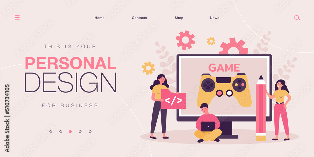 Poster tiny developers coding online video games. process of writing code for software by persons flat vect