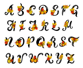 Hand drawn capital letters with autumn leaves. Latin alphabet letters.Vector illustration isolated on white background.