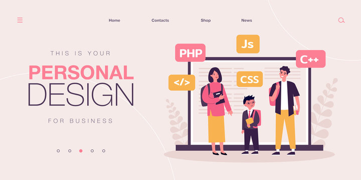 Students learning programming languages. Tiny man, woman and child engineering software code online flat vector illustration. Education, science concept for banner, website design or landing web page