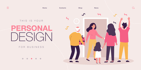 Surprise birthday party for woman from friends and family. Group of people celebrating with confetti and gift flat vector illustration. Holiday concept for banner, website design or landing web page