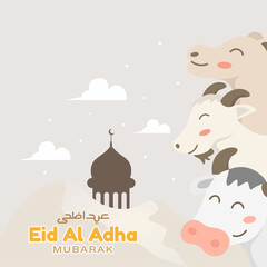 Naklejka premium Eid al adha greeting card design with camel, goat, and cow flat illustration