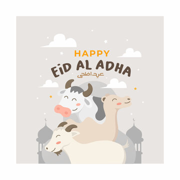 Eid al adha greeting card design with sheep, camel, and cow cartoon style illustration