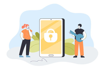 Tiny man holding key to lock on phone screen. Male and female characters using secure access to mobile apps flat vector illustration. Network concept for banner, website design or landing web page