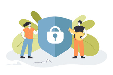 Tiny person holding key to keyhole of digital secure shield. Man and woman protecting privacy flat vector illustration. Cyber safety, management concept for banner, website design or landing web page