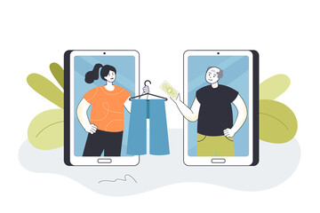 Elderly man giving money in exchange for clothes. Woman on screen of mobile phone holding hanger with trousers flat vector illustration. Shop app concept for banner, website design or landing web page