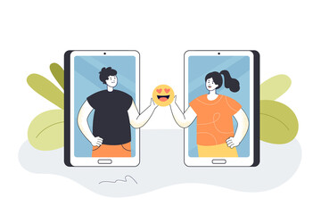 Happy couple from phone screens holding emoticon in love. Online date of man and woman flat vector illustration. Romantic video chat, meeting concept for banner, website design or landing web page