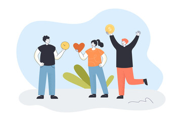 Happy people holding clock, red heart and money in hands. Female and male characters giving timely help flat vector illustration. Charity concept for banner, website design or landing web page