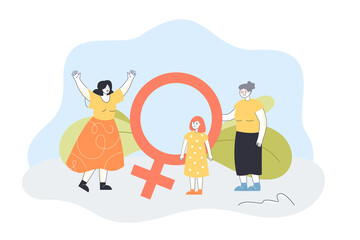 Girl, young and old women holding feminine symbol. Generation of female characters standing together flat vector illustration. Femininity concept for banner, website design or landing web page