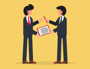 Contract or mortgage form with financial checklist. Businessman passing contract document with pen to his client business man for signature