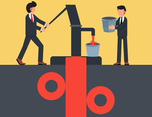 Business investment and saving money concept, Risk Management.  businessman fetching water from a well