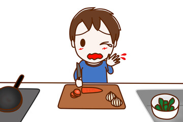 （正面）野菜を切って料理をしていたら指を切り血が出て痛いので泣いている少年
