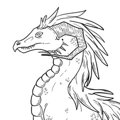 Black and white coloring page ink illustration of a dragon.