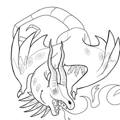 Black and white coloring page ink illustration of a dragon.