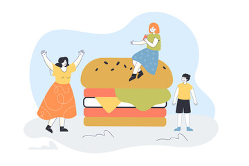 Tiny mother, daughter and son enjoying giant burger. Female and male characters with unhealthy snack flat vector illustration. Fast food delivery concept for banner, website design or landing web page