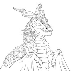 Black and white coloring page ink illustration of a dragon.