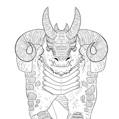 Black and white coloring page ink illustration of a dragon.