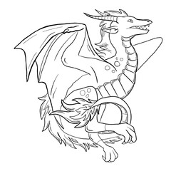 Black and white coloring page ink illustration of a dragon.