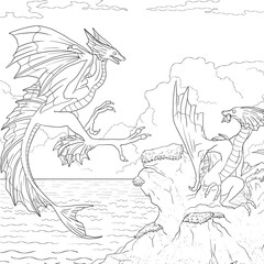 Black and white coloring page ink illustration of a dragon.
