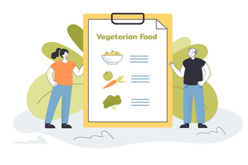Tiny people standing near vegetarian food list. Healthy ration with vegetables of man and woman flat vector illustration. Diet, nutrition, concept for banner, website design or landing web page