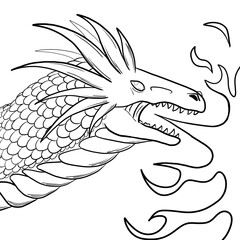 Black and white coloring page ink illustration of a dragon.