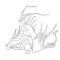 Black and white coloring page ink illustration of a dragon.