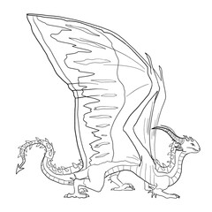 Black and white coloring page ink illustration of a dragon.