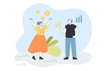 Happy grandma and grandpa celebrating income growth. Old rich man holding cash money flat vector illustration. Pension, retirement, savings concept for banner, website design or landing web page
