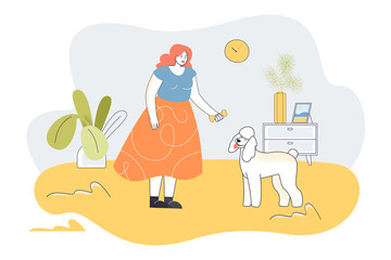Female pet owner giving bone to poodle with tongue hanging out. Woman holding snack for cute dog flat vector illustration. Puppy food, love concept for banner, website design or landing web page