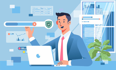 Businessman with laptop in office setting business and security strategy with floating graphic and chart screen