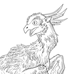 Black and white coloring page ink illustration of a dragon.