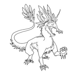 Black and white coloring page ink illustration of a dragon.