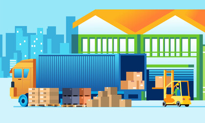 Delivery truck with forklift loading box into the truck container, Modern logistics illustration of goods warehouse