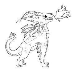 Black and white coloring page ink illustration of a dragon.