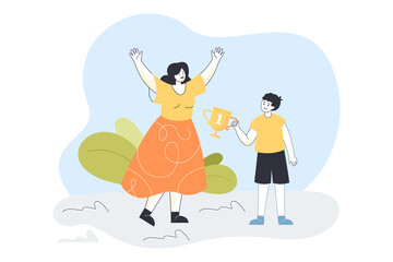 Happy proud mother celebrating sons victory. Boy holding golden cup for first place in competition flat vector illustration. Trophy, contest concept for banner, website design or landing web page