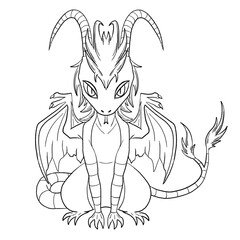 Black and white coloring page ink illustration of a dragon.