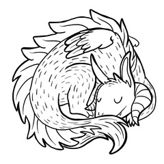 Obraz premium Black and white coloring page ink illustration of a dragon.