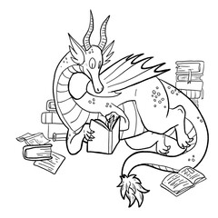 Black and white coloring page ink illustration of a dragon. © Diantimony