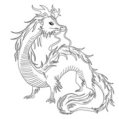 Black and white coloring page ink illustration of a dragon.