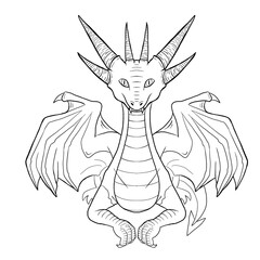 Black and white coloring page ink illustration of a dragon.