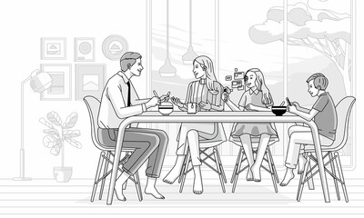 Modern family father, mother, son and daughter having breakfast at table at home, line style, black and white color