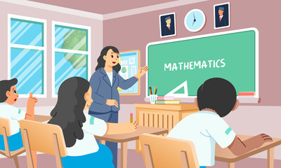 Female teacher starting math class in front first grade elementary school classes