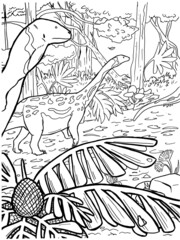 Black and white coloring page ink illustration of a dinosaur.