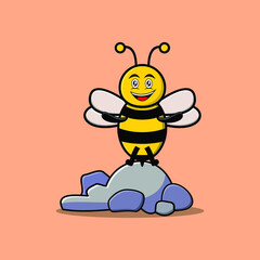 Cute cartoon Bee character standing in stone vector illustration in concept flat cartoon style