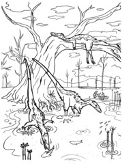 Black and white coloring page ink illustration of a dinosaur.