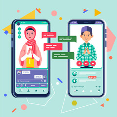 Man and woman smartphone social media apologizing ramadhan greeting