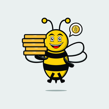 Cute cartoon Bee character holding in stacked gold coin vector illustration in concept flat cartoon style