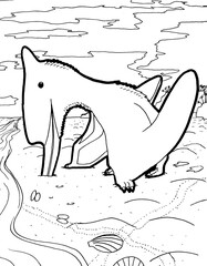 Black and white coloring page of a prehistoric creature.