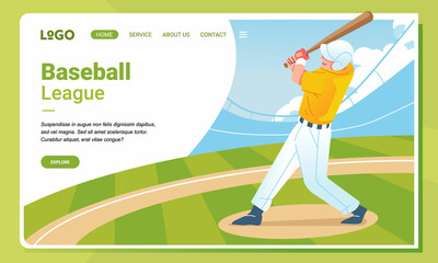 Illustration Baseball player on field character sport and Landing Page Design concept