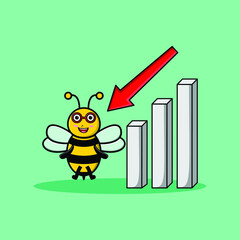 cute cartoon bee with down sign graphic illustration in flat 3d modern design