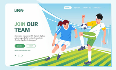 Illustration Soccer player character on field sport and Landing Page Design for web page, banner and app concept